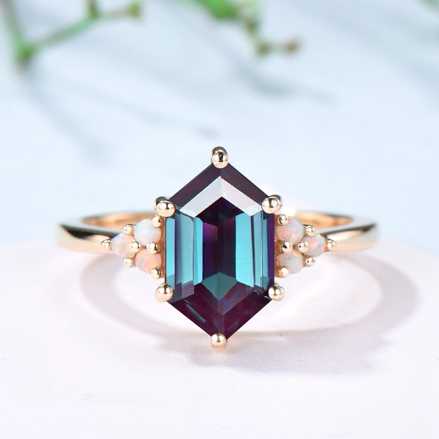 Octavia elongated hexagon alexandrite engagement ring cluster opal 14k yellow gold wedding ring for women Color change anniversary gift - PENFINE
