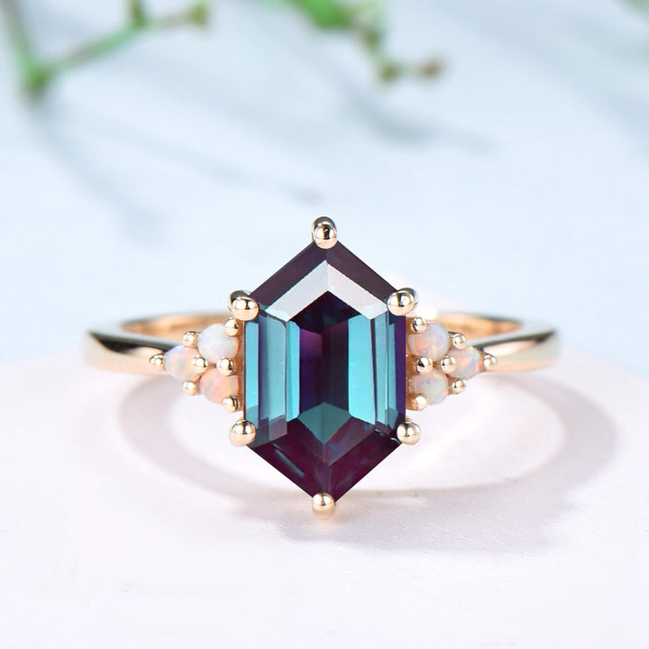 Octavia elongated hexagon alexandrite engagement ring cluster opal 14k yellow gold wedding ring for women Color change anniversary gift - PENFINE