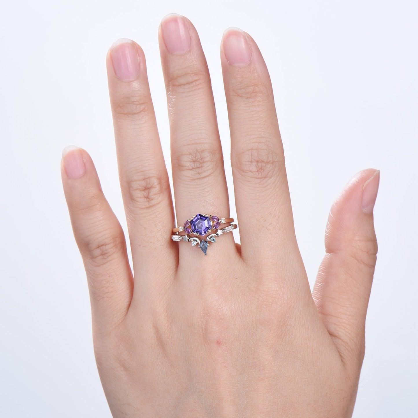 Unique Hexagon Purple Sapphire engagement ring set- moon star curved alexandrite wedding band - PENFINE