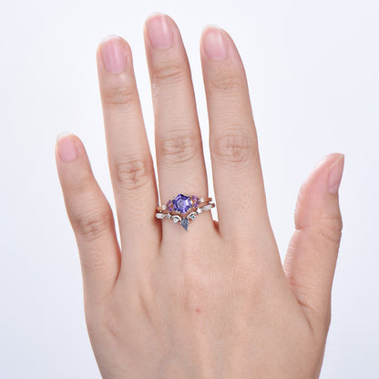 Unique Hexagon Purple Sapphire engagement ring set- moon star curved alexandrite wedding band - PENFINE