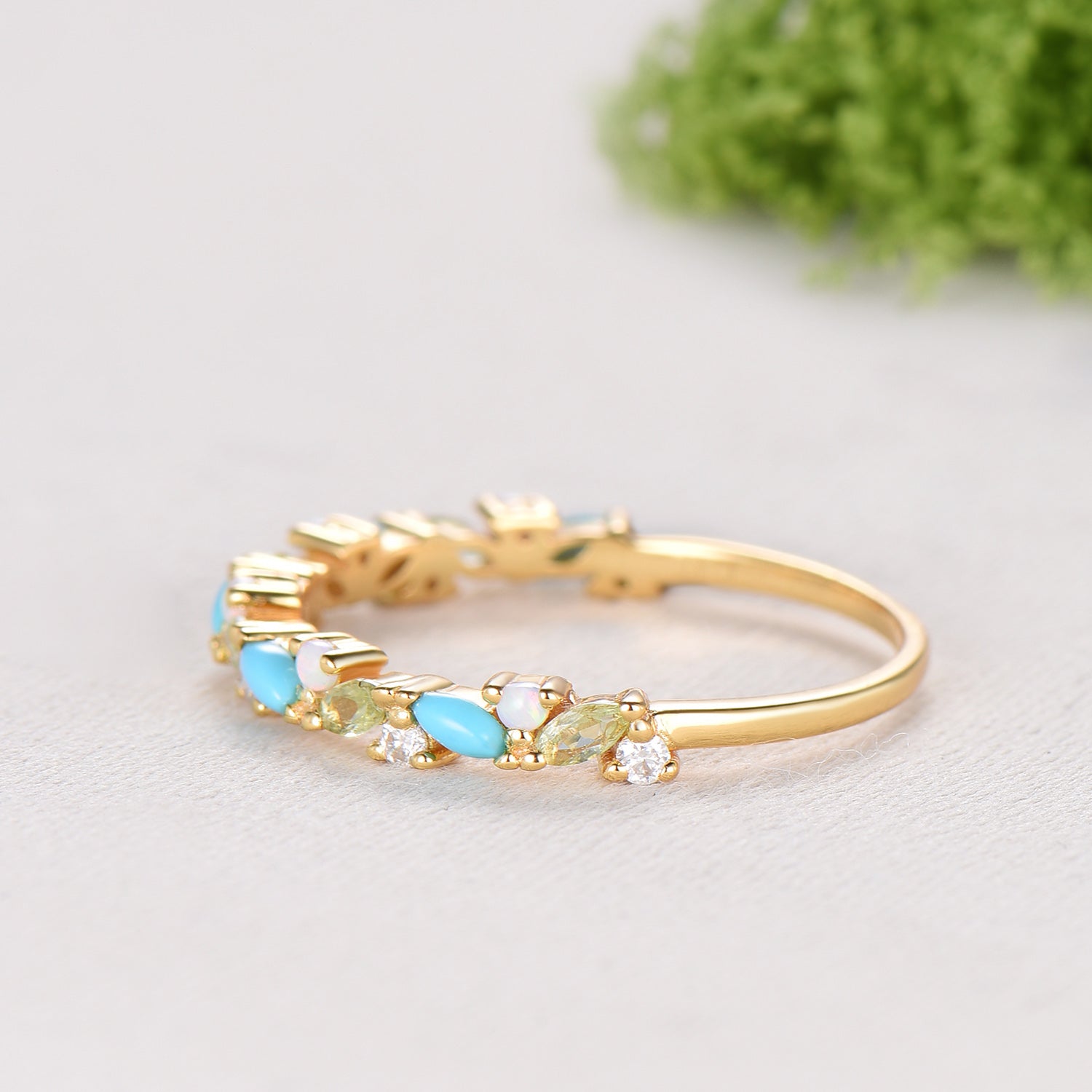 Vintage Yellow Gold Turquoise Opal Wedding Band, Peridot Moissanite Stacking Ring