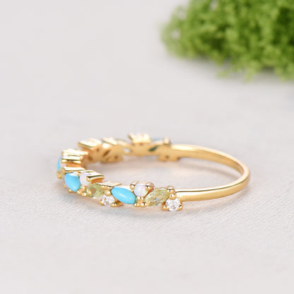 Vintage Yellow Gold Turquoise Opal Wedding Band, Peridot Moissanite Stacking Ring