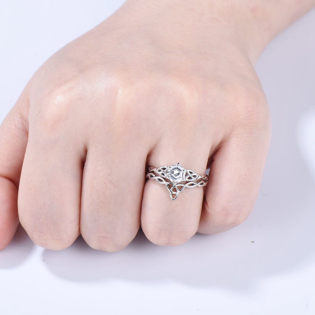 Norse Viking Hexagon Moissanite Ring Set Celtic Love Knot Moissanite Engagement Ring White Gold Unique Twisted Wedding Ring Set For Women - PENFINE