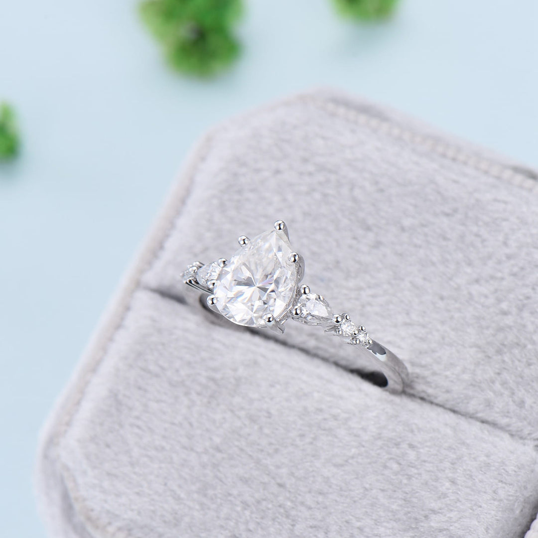 1.25CT pear shaped moissanite ring vintage 7 stone Moissanite engagement ring white gold Wedding Ring Women Unique Bridal Ring Proposal Gift - PENFINE