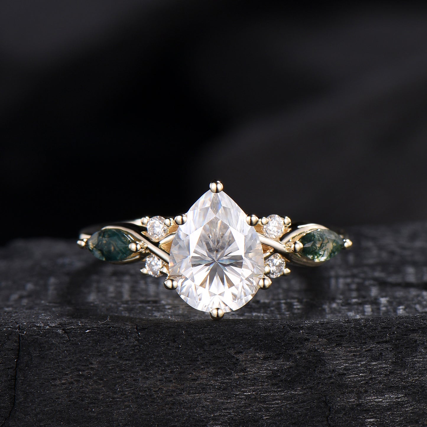 Vintage Pear Shaped Lab Grown Diamond Engagement Ring Set Marquise Moss Agate Wedding Ring Set