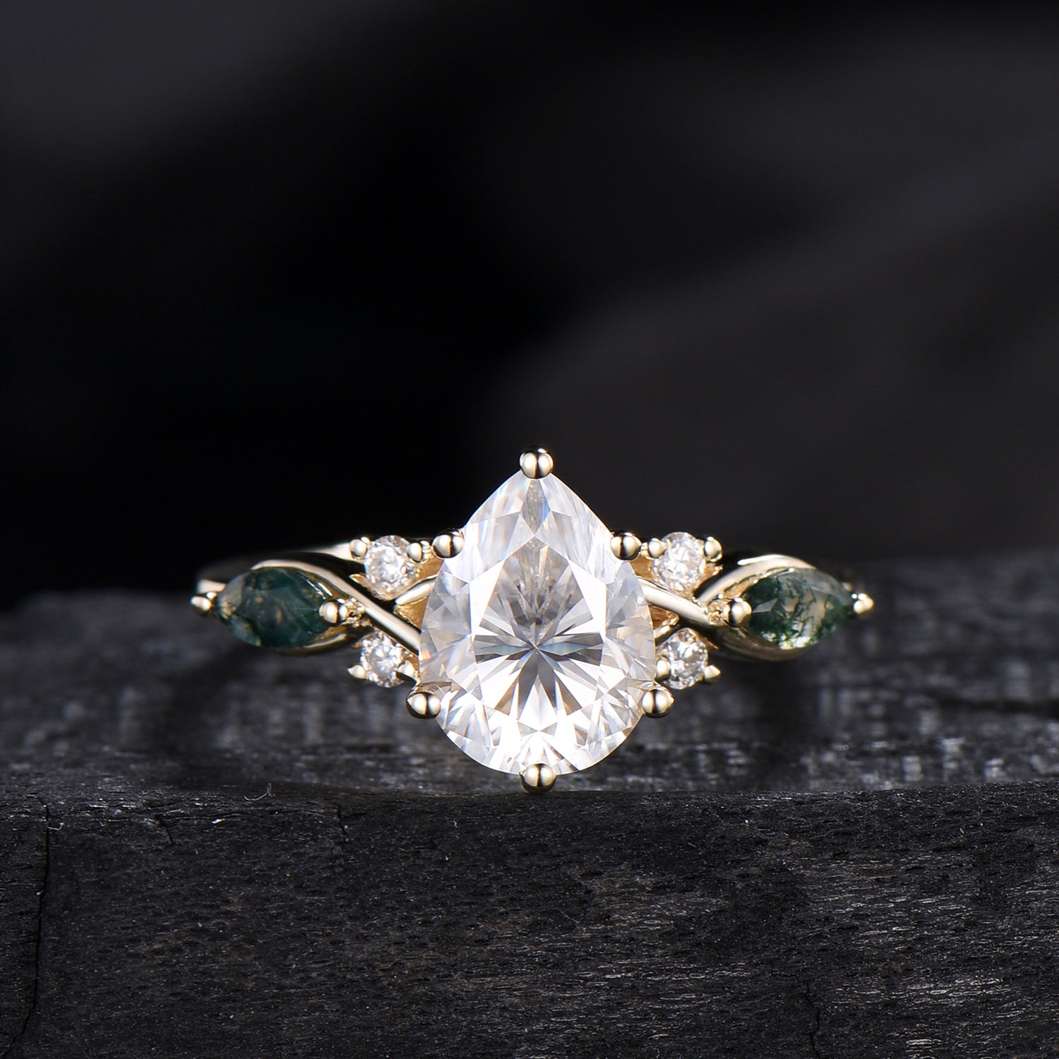 Vintage Pear Shaped Lab Grown Diamond Engagement Ring Set Marquise Moss Agate Wedding Ring Set