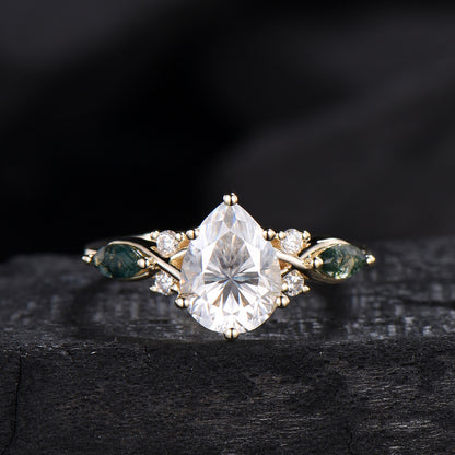 Vintage Pear Shaped Lab Grown Diamond Engagement Ring Set Marquise Moss Agate Wedding Ring Set