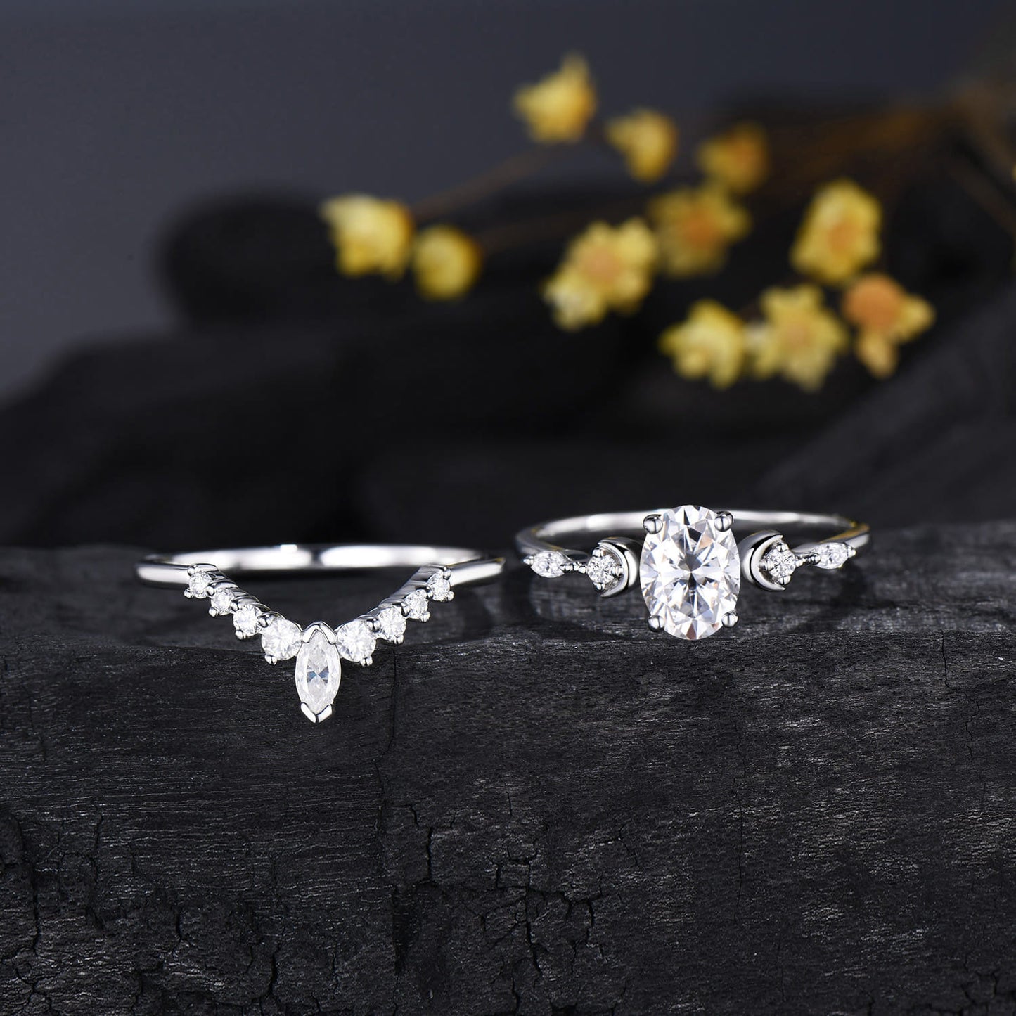Oval Cut Moissanite Moon 5 Stone Engagement Ring Diamond White Gold Ring Set