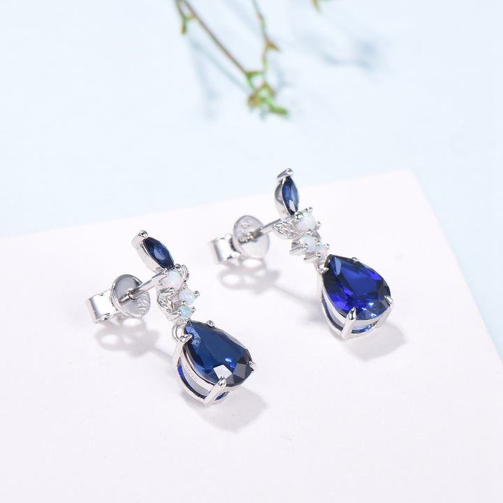 Nature Inspired Pear Shaped Blue Sapphire Earrings Leaf Stud Earrings Silver Vintage Unique Opal Earrings Handmade Anniversary Promise Gift - PENFINE