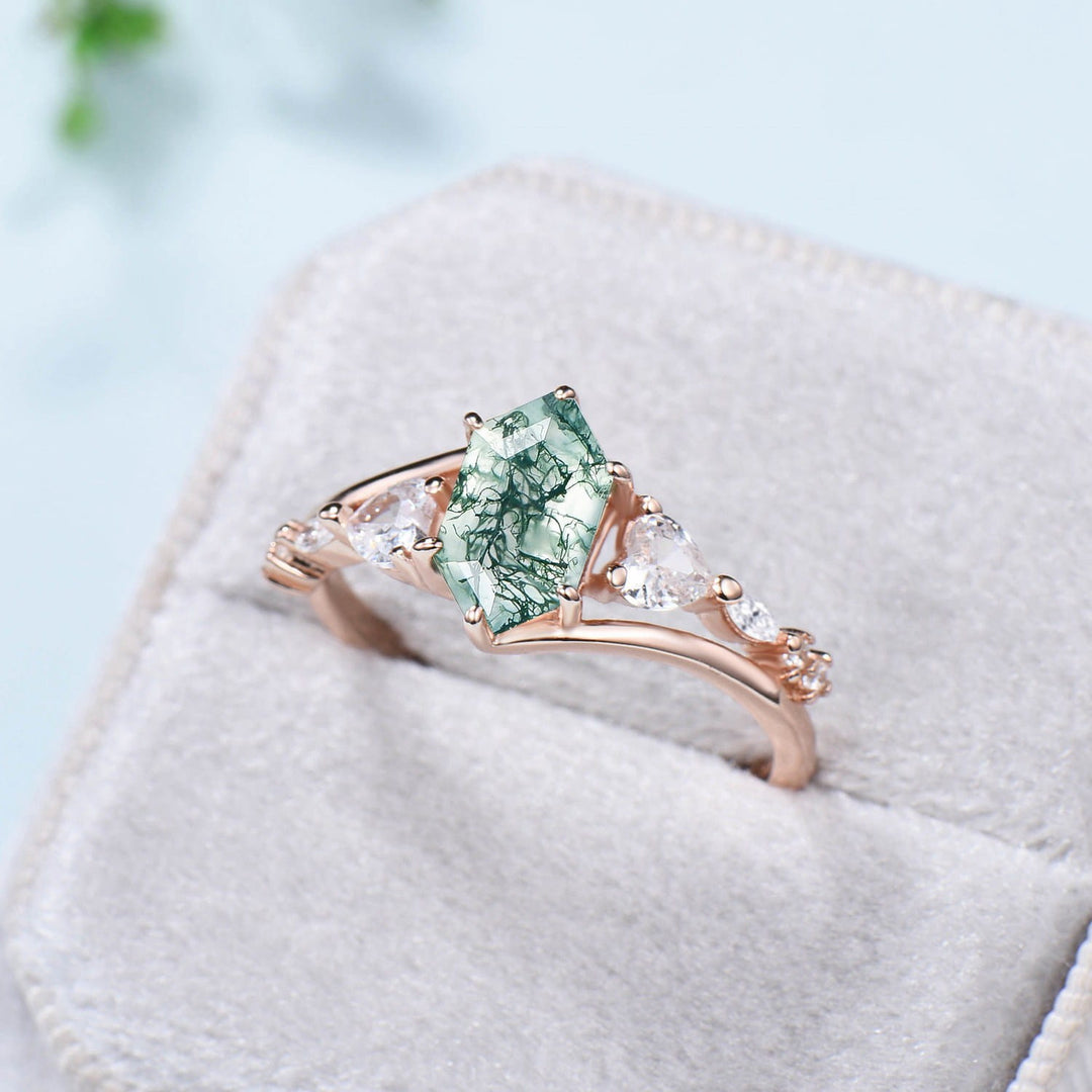 Unique Long hexagon cut moss agate ring Vintage Green Agate engagement ring Heart moissanite Infinity wedding ring proposal gifts for women - PENFINE