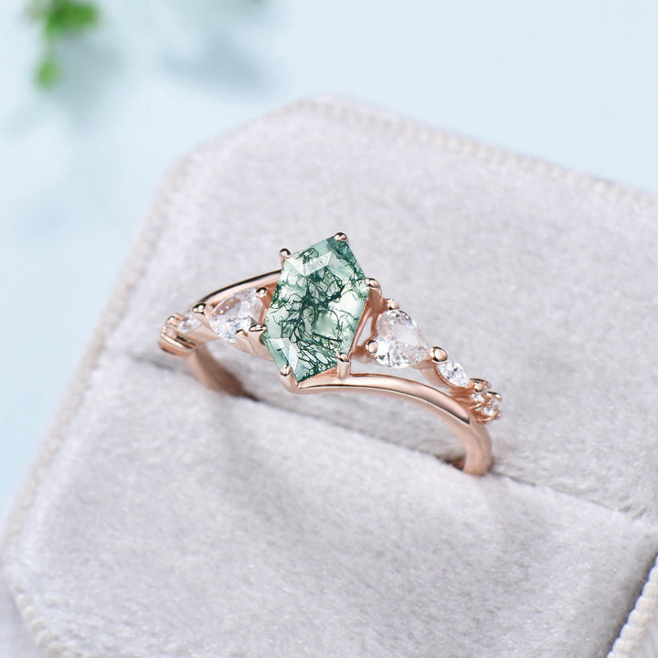 Unique Long hexagon cut moss agate ring Vintage Green Agate engagement ring Heart moissanite Infinity wedding ring proposal gifts for women - PENFINE