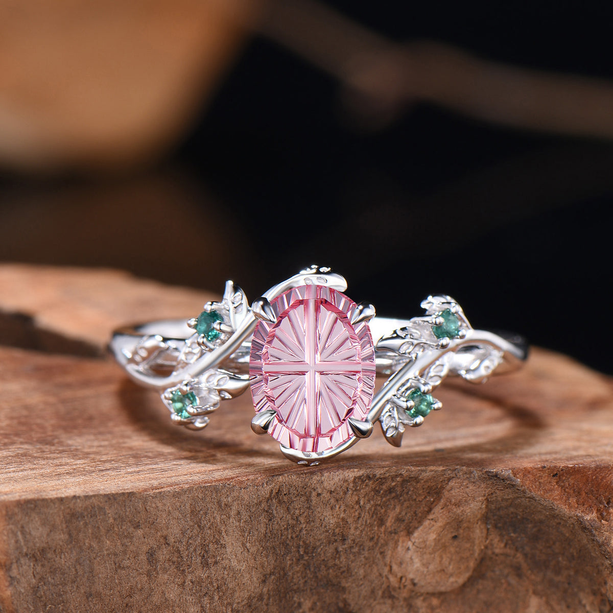 1.5CT Fantasy Cut Padparadscha Sapphire Leaf Bridal Set Emerald Nature Inspired Ring
