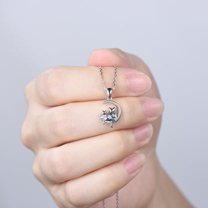 Dainty cat alexandrite moonstone necklace cute silver white gold moon family pendant personalized Two cats lying on the moon rocking chair
