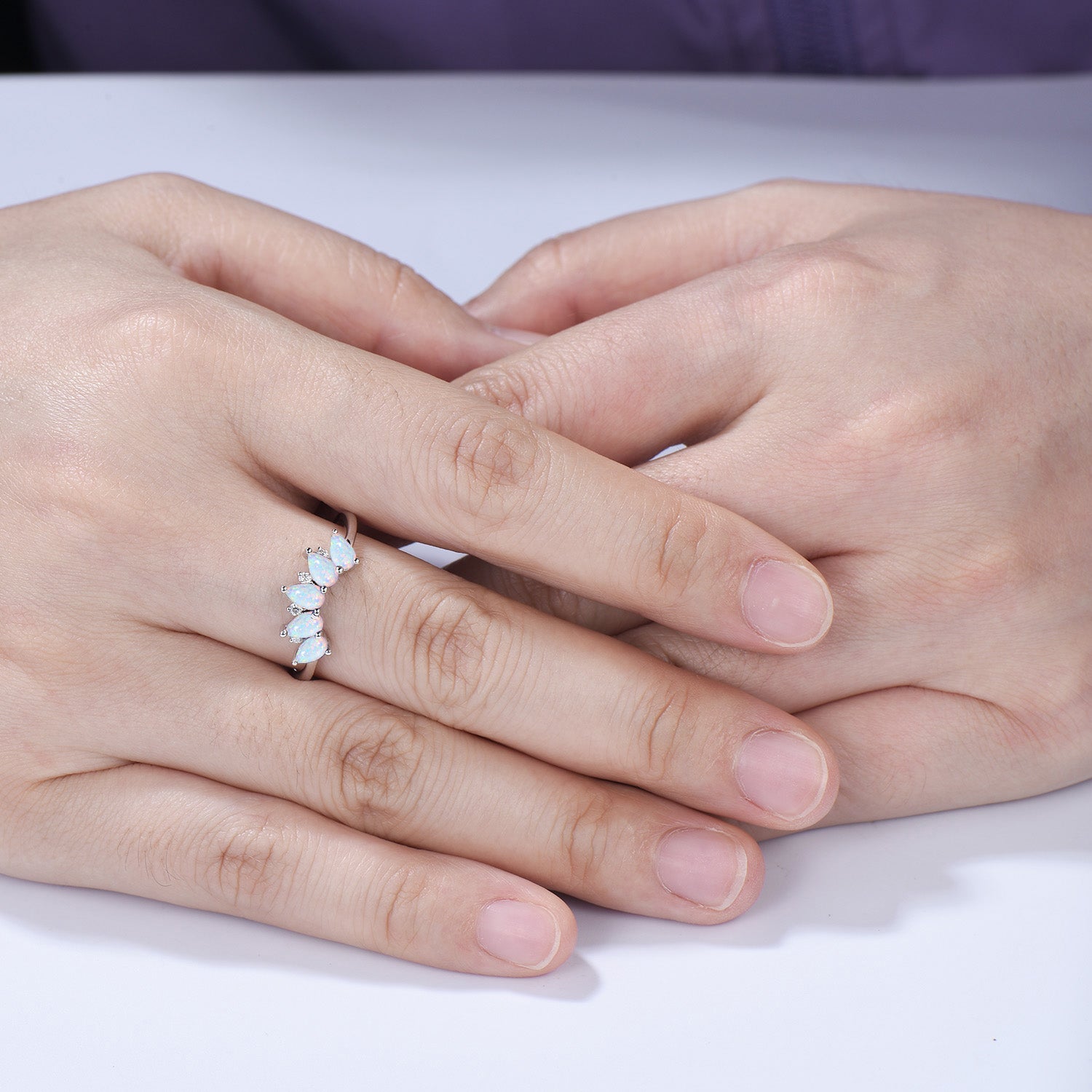 Vintage White Fire Opal Wedding Band, Curved Stacking Ring, 14K Rose Gold Five Stone