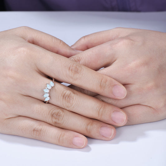 Vintage White Fire Opal Wedding Band, Curved Stacking Ring, 14K Rose Gold Five Stone