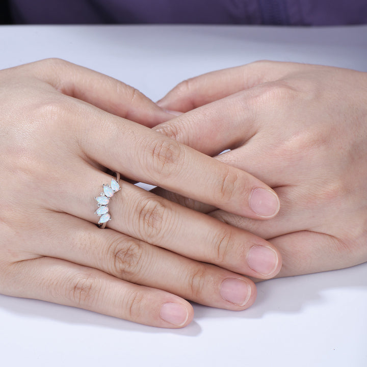 Vintage White Fire Opal Wedding Band, Curved Stacking Ring, 14K Rose Gold Five Stone