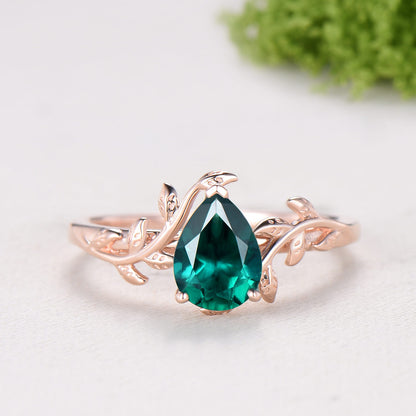 1.25CT Pear Emerald Wedding Ring Set - Nature Inspired Leaf Vine Solitaire Band