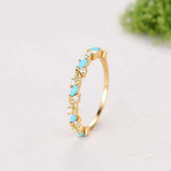 Vintage Yellow Gold Turquoise Opal Wedding Band, Peridot Moissanite Stacking Ring