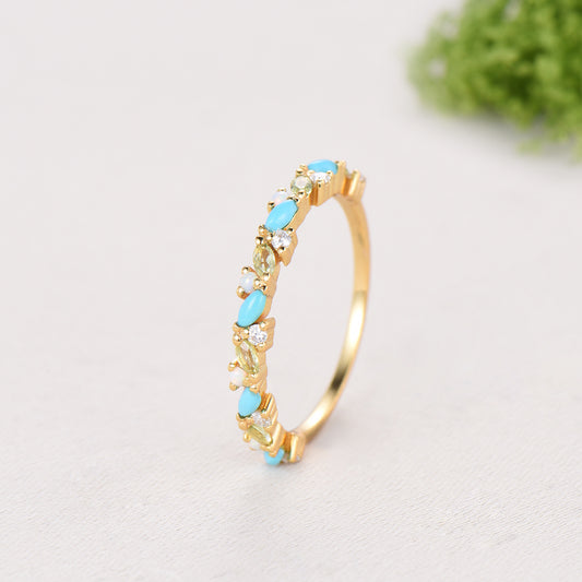 Vintage Yellow Gold Turquoise Opal Wedding Band, Peridot Moissanite Stacking Ring