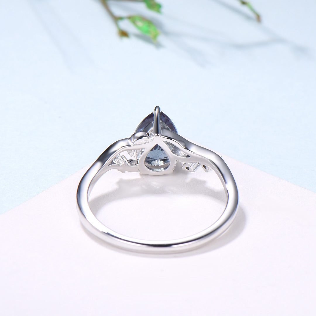 Unique Pear Shaped Firework Cut Alexandrite Engagement Ring, Nature Inspired Leaf Twig Gold Ring - PENFINE