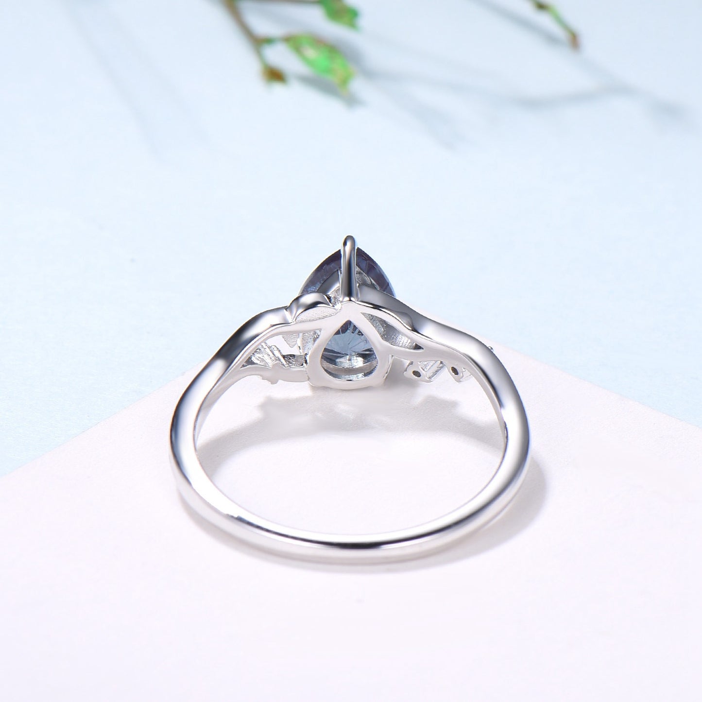 Unique Pear Shaped Firework Cut Alexandrite Engagement Ring, Nature Inspired Leaf Twig Gold Ring - PENFINE