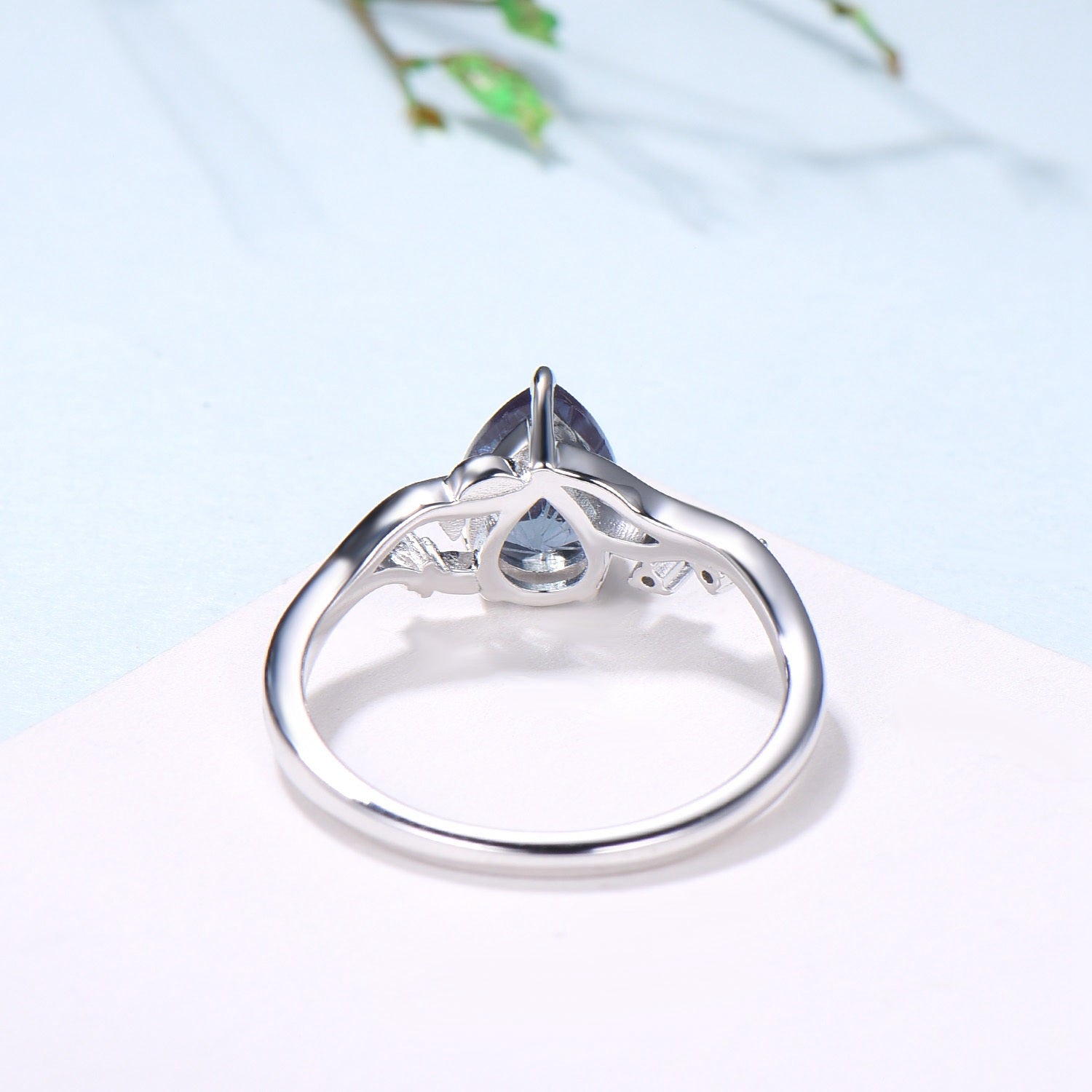 Unique Pear Shaped Firework Cut Alexandrite Engagement Ring, Nature Inspired Leaf Twig Gold Ring - PENFINE