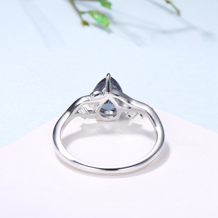 Unique Pear Shaped Firework Cut Alexandrite Engagement Ring, Nature Inspired Leaf Twig Gold Ring - PENFINE