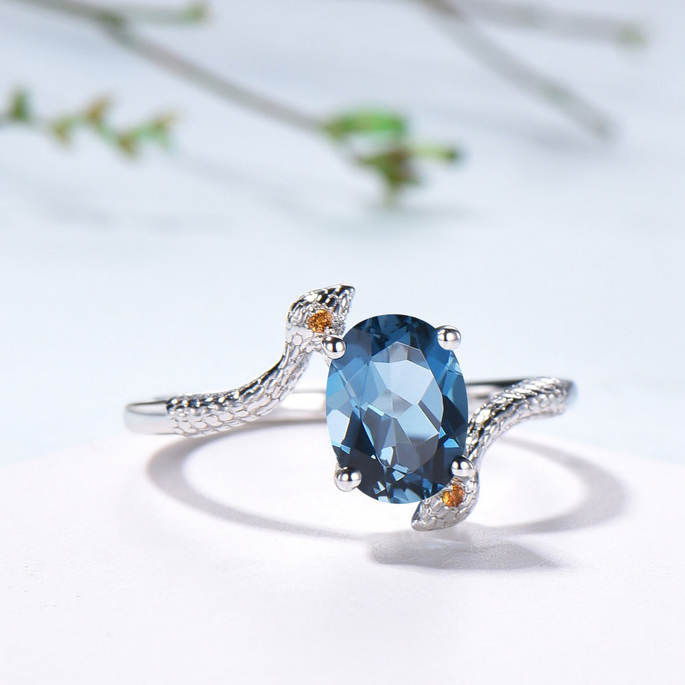 Snake Ring: London Blue Topaz, Citrine, Handmade Gold Anniversary Ring - PENFINE