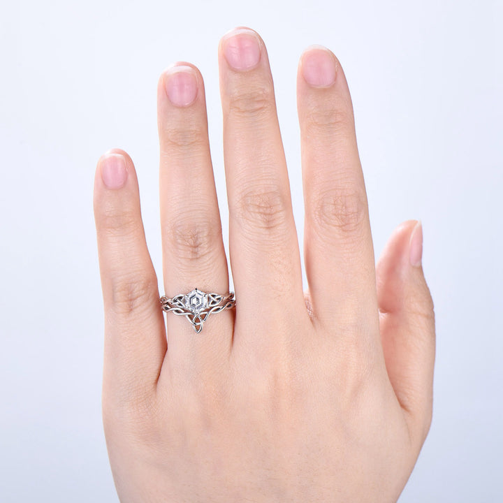 Norse Viking Hexagon Moissanite Ring Set Celtic Love Knot Moissanite Engagement Ring White Gold Unique Twisted Wedding Ring Set For Women - PENFINE