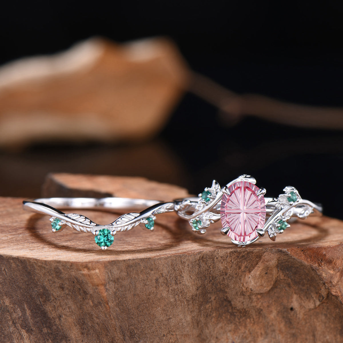 1.5CT Fantasy Cut Padparadscha Sapphire Leaf Bridal Set Emerald Nature Inspired Ring