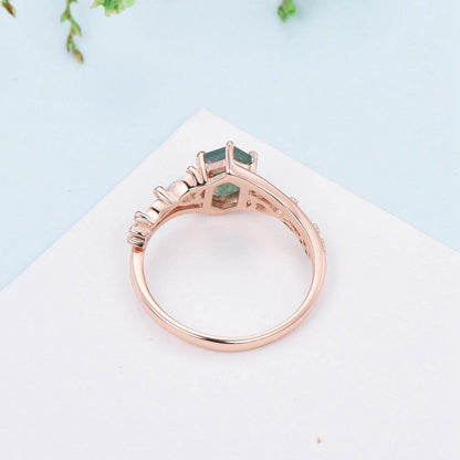 Unique Long hexagon cut moss agate ring Vintage Green Agate engagement ring Heart moissanite Infinity wedding ring proposal gifts for women - PENFINE