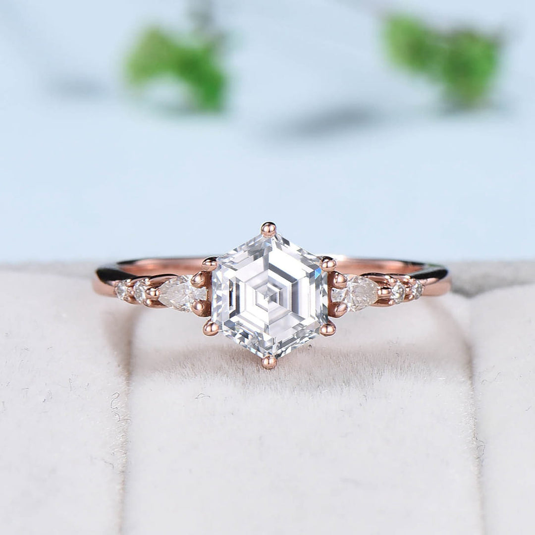 Hexagon moissanite engagement ring set art deco rose gold unique vintage engagement ring pear moissanite kite alexandrite wedding ring set - PENFINE