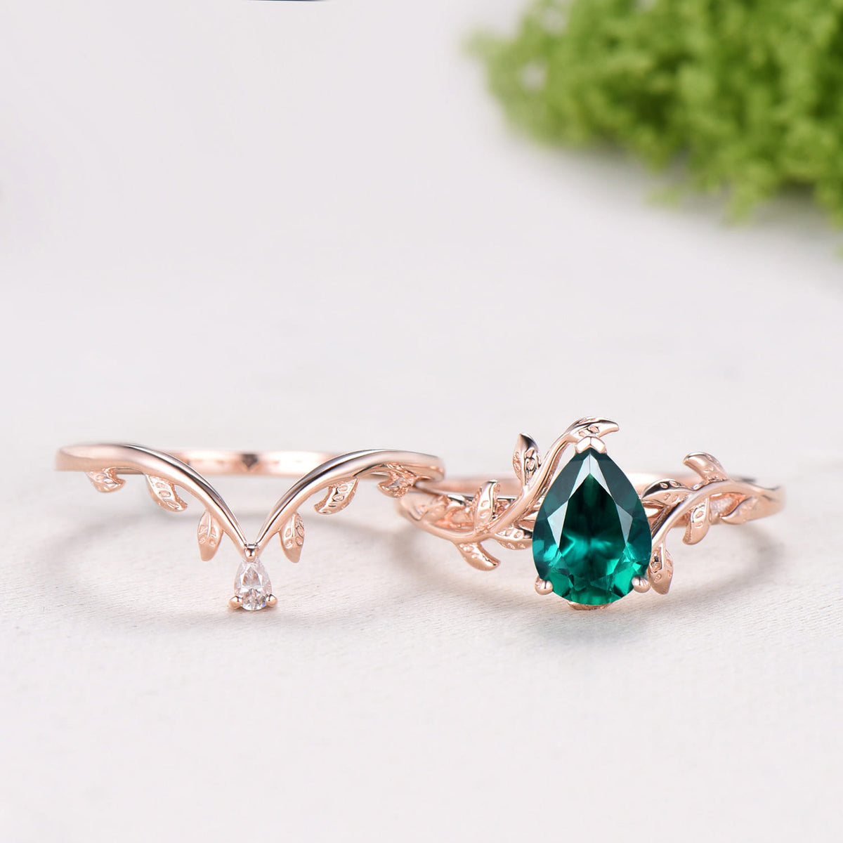 1.25CT Pear Emerald Wedding Ring Set - Nature Inspired Leaf Vine Solitaire Band