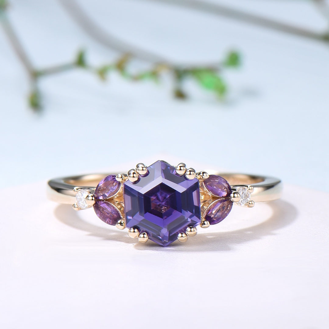 Unique Hexagon Purple Sapphire engagement ring set- moon star curved alexandrite wedding band - PENFINE