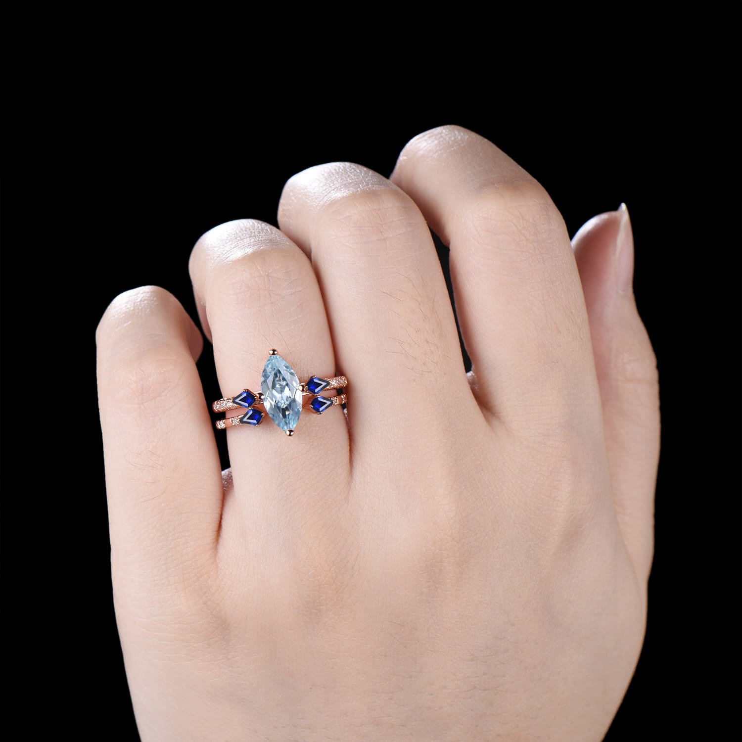 1CT Marquise Cut Natural Aquamarine Engagement Ring Set, March Birthstone Sapphire Wedding Ring Set
