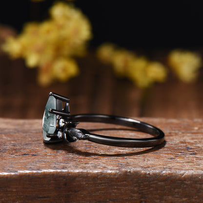 Kite Cut Moss Agate Moon Engagement Ring: Black Gold Accent Black Rutilated Quartz Band
