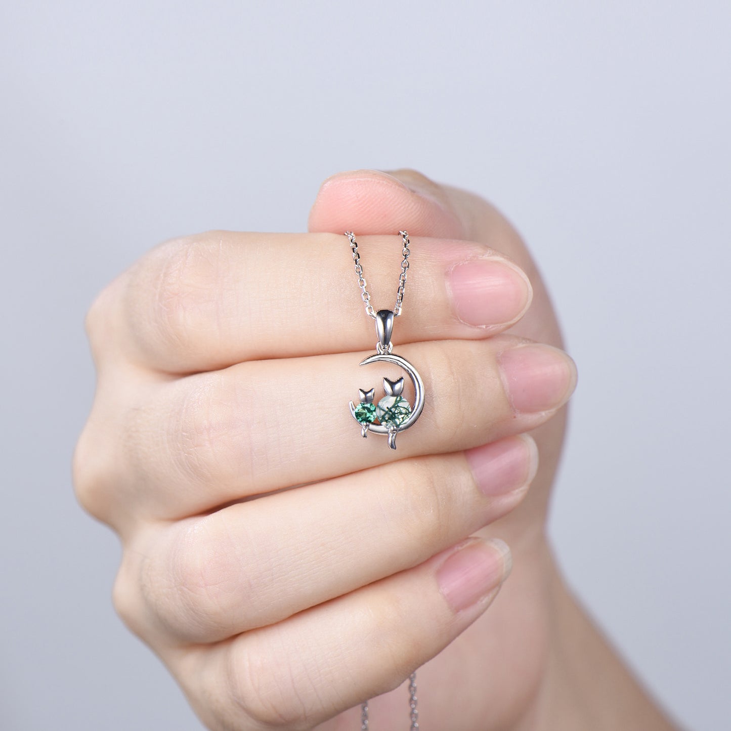 Dainty cat moss agate necklace silver white gold moon family green emerald pendant personalized Fine Jewelry
