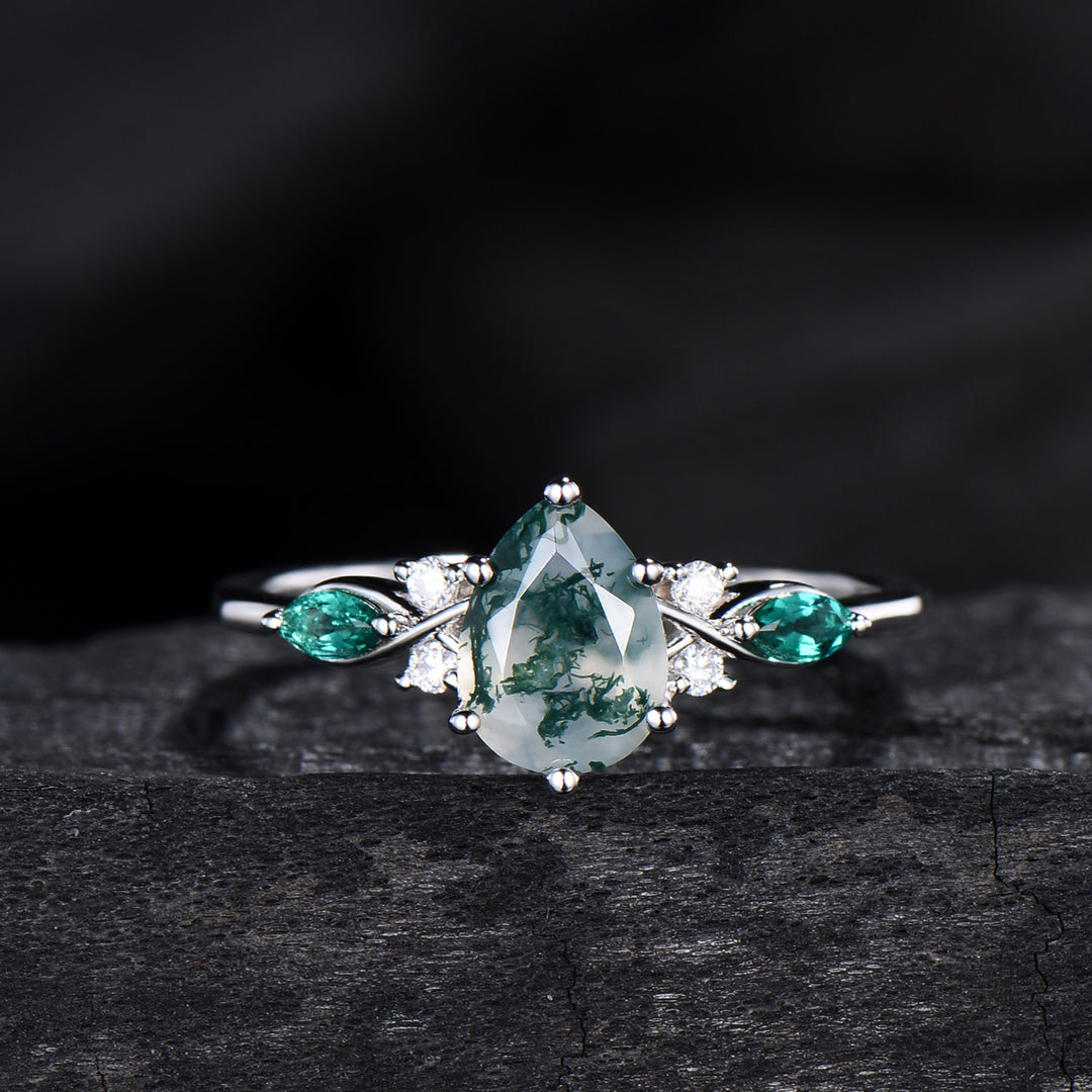 1.25 CT Pear shaped natural moss agate engagement ring rose gold infinity twisted Celtic knot Baguette cut emerald bridal ring set women