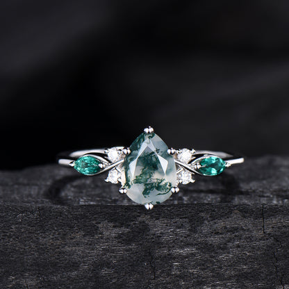 1.25 CT Pear shaped natural moss agate engagement ring rose gold infinity twisted Celtic knot Baguette cut emerald bridal ring set women