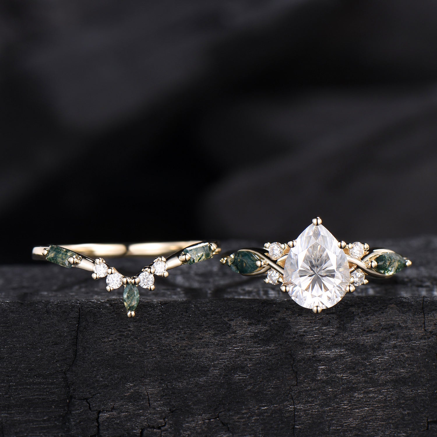 Vintage Pear Shaped Lab Grown Diamond Engagement Ring Set Marquise Moss Agate Wedding Ring Set