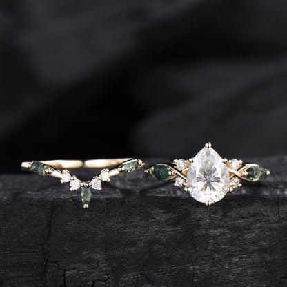 Vintage Pear Shaped Lab Grown Diamond Engagement Ring Set Marquise Moss Agate Wedding Ring Set