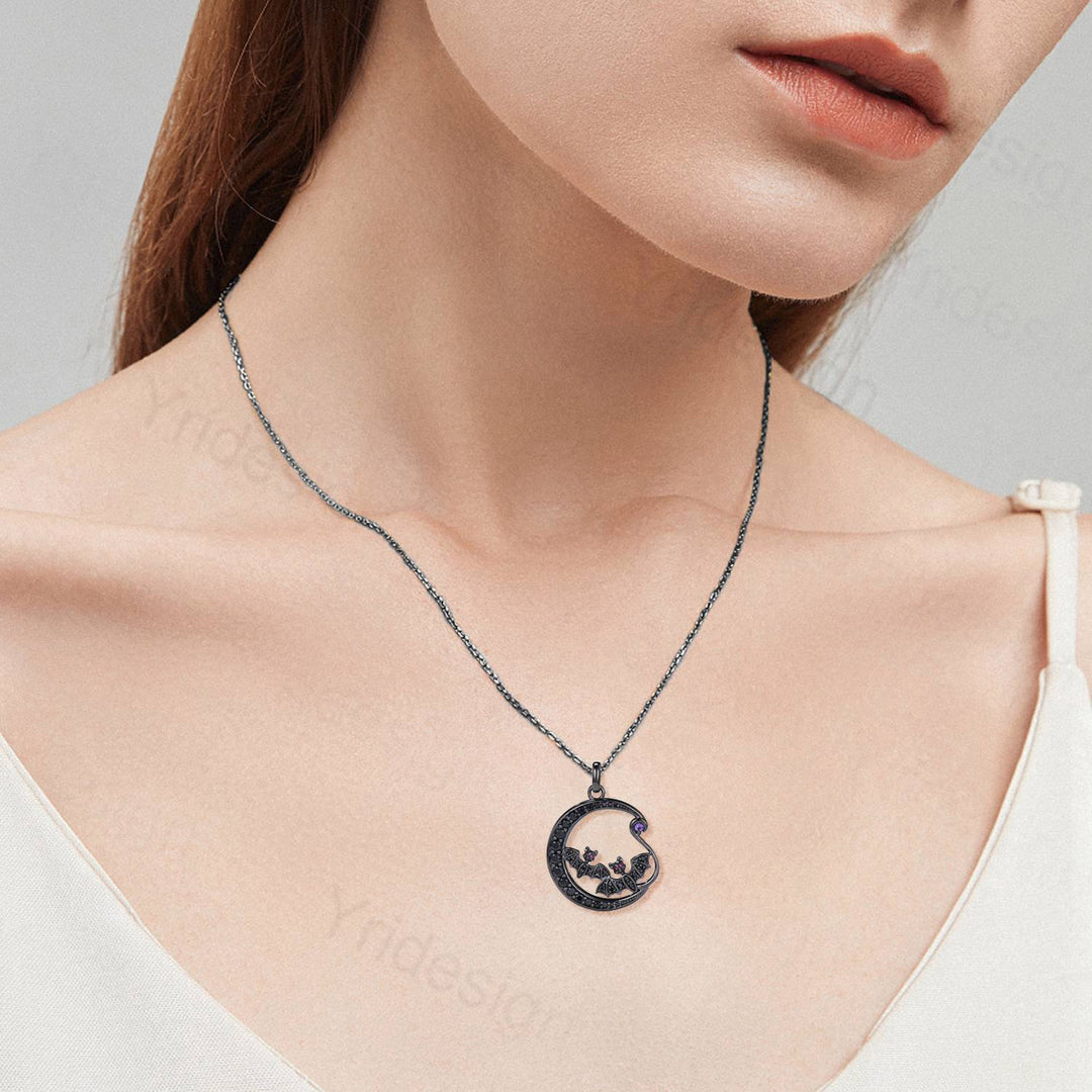 Unique Black Gold Night Moon Bat Gothic Pendant Necklace Magic Crescent Moon Amethyst Black Spinel Necklace Halloween Anniversary gift Women - PENFINE