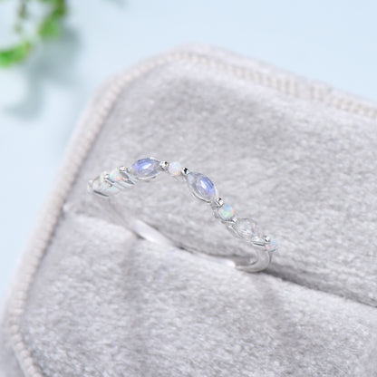 Vintage Curved Moonstone Opal Wedding Band Marquise Cut Crown wedding ring Unique Stacking matching ring Bridal ring Anniversary band - PENFINE