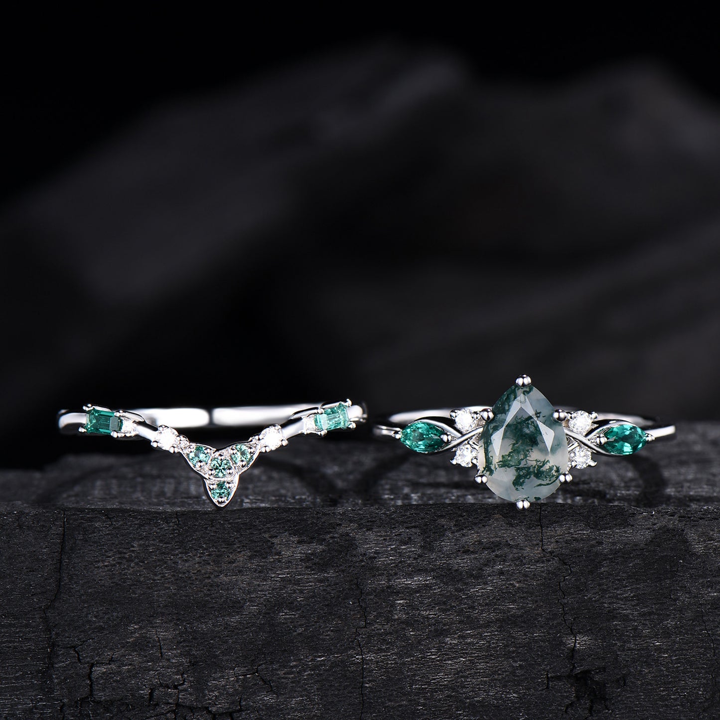 1.25 CT Pear shaped natural moss agate engagement ring rose gold infinity twisted Celtic knot Baguette cut emerald bridal ring set women