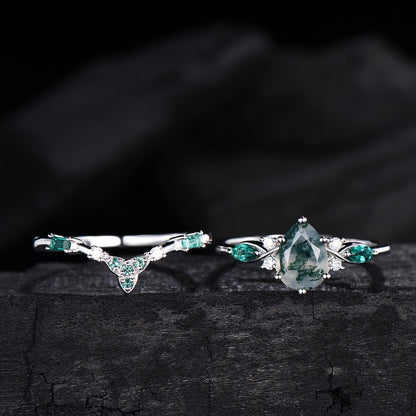 1.25 CT Pear shaped natural moss agate engagement ring rose gold infinity twisted Celtic knot Baguette cut emerald bridal ring set women