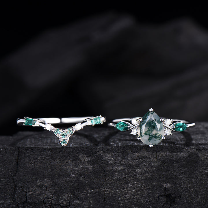 1.25 CT Pear shaped natural moss agate engagement ring rose gold infinity twisted Celtic knot Baguette cut emerald bridal ring set women