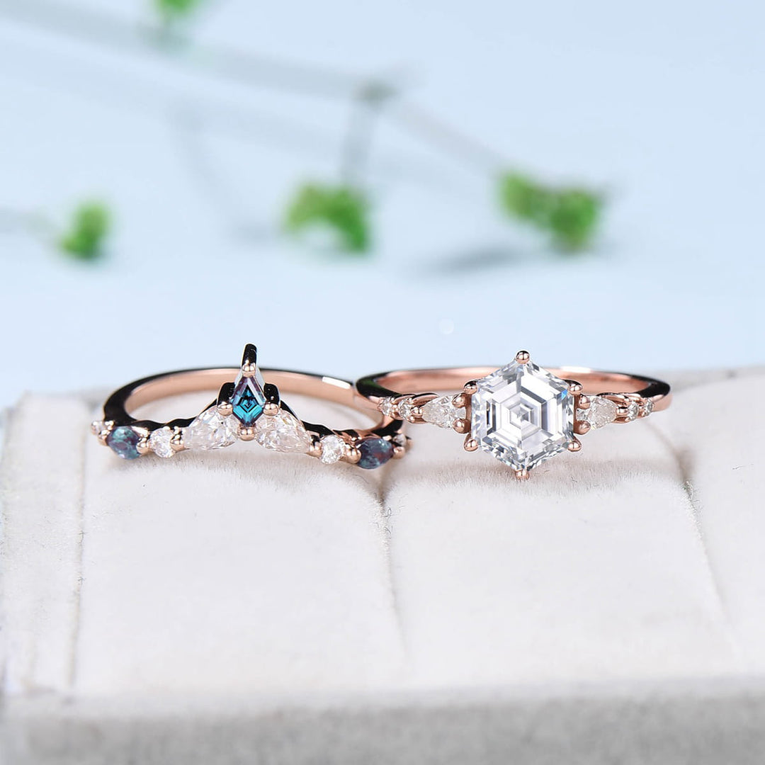 Hexagon moissanite engagement ring set art deco rose gold unique vintage engagement ring pear moissanite kite alexandrite wedding ring set - PENFINE