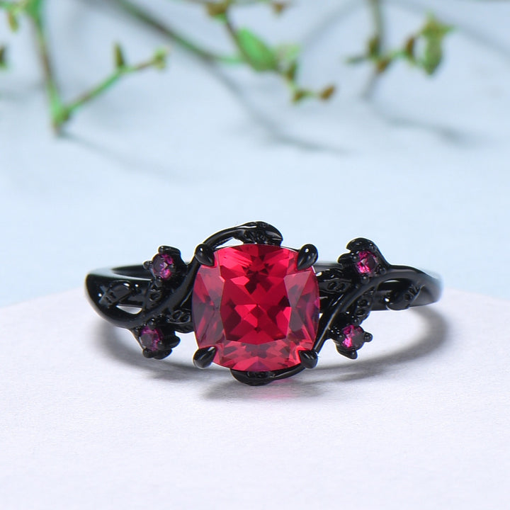 Unique gothic cushion cut ruby wedding ring set black gold natural inspired ruby engagement ring for women unique July birthstone bridal set - PENFINE