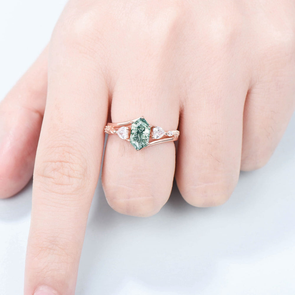 Unique Long hexagon cut moss agate ring Vintage Green Agate engagement ring Heart moissanite Infinity wedding ring proposal gifts for women - PENFINE