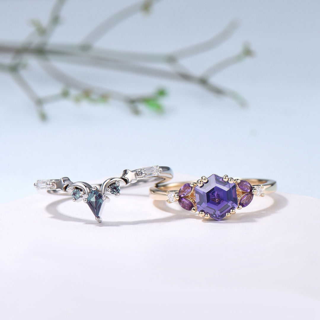 Unique Hexagon Purple Sapphire engagement ring set- moon star curved alexandrite wedding band - PENFINE